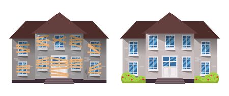 Home renovation. House before and after repair. New and old suburban cottage. Remodel building. Vector illustrationのイラスト素材