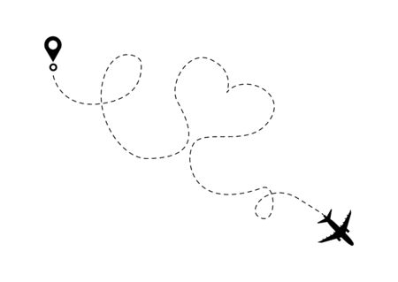 Airplane line path route. Travel vector icon with start point and dash line trace, plane routes flight air dotted drawing isolated illustration.のイラスト素材