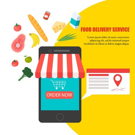 Order food, Grocery delivery at home and smartphone app: full shopping basket with fresh vegetables, food and beverage on a mobile phone displayのイラスト素材
