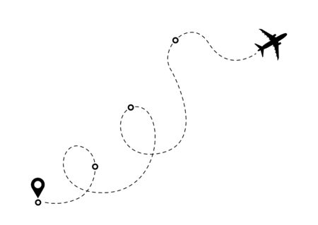 Airplane line path route. Travel vector icon with start point and dash line trace, plane routes flight air dotted drawing isolated illustration.のイラスト素材