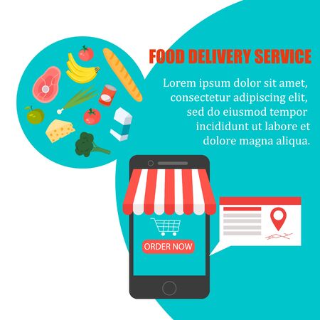 Order food, Grocery delivery at home and smartphone app: full shopping basket with fresh vegetables, food and beverage on a mobile phone displayのイラスト素材