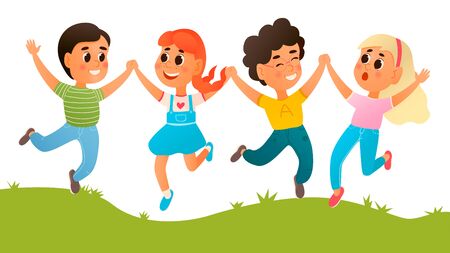 Vector Illustration Of Funny Kids Playing Outside. Boys and girls are playing together happily. Children Holding hands and jumping, Running a meadow.のイラスト素材