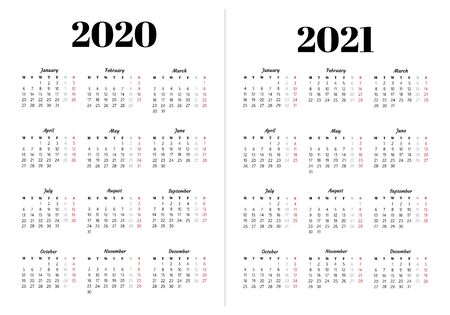 Calendar 2020, 2021 year. Black and white vector template. Basic grid. Pocket square calender. Ready designのイラスト素材