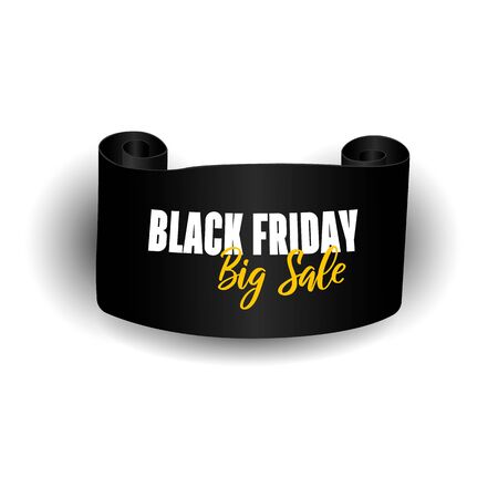 Black realistic curved paper banner. Ribbon Black friday sale. Big sale, vector illustrationのイラスト素材