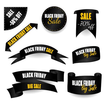 Black Friday Price tags vector collection. Ribbon sale banners . Emblem and label. Friday holiday sales on Friday. The scroll is black.のイラスト素材