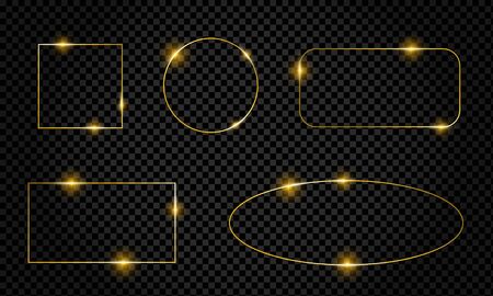 Gold shiny glowing vintage frame with shadows isolated on black transparent background. Golden luxury frame. Vector illustration のイラスト素材