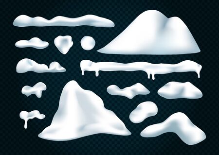 Vector set of snow caps, icicles, snowball and snowdrift isolated on transparent background. Winter decorations. Seasonal elements for designのイラスト素材