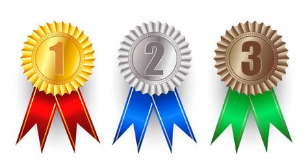Set of gold, silver and bronze award medals vector. Red Ribbon. Realistic illustration.のイラスト素材