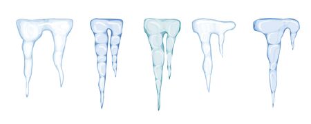 Set of translucent light blue icicles on white background. Transparency only in vector file. Vector illustration のイラスト素材