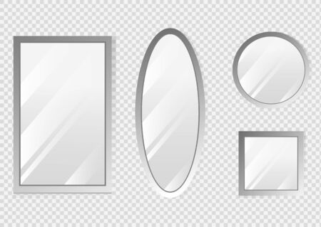 Vector realistic mirrors set with blurry reflection. Reflective mirror surface in silver frame, mirroring glass decor interior vector illustrationのイラスト素材