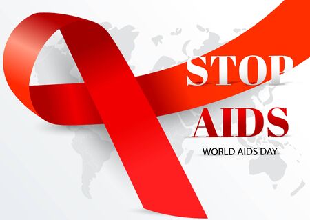 1 December world aids day. Realistic awareness red ribbon on grey map background. Vector illustrationのイラスト素材