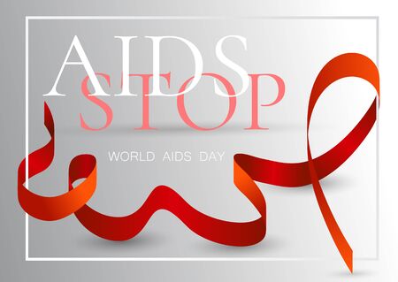 Vector illustration on the theme World Aids Day. Realistic awareness red ribbon on grey map background.のイラスト素材