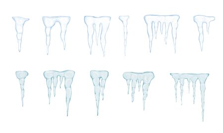 Set of translucent light blue icicles on white background. Vector illustrationのイラスト素材