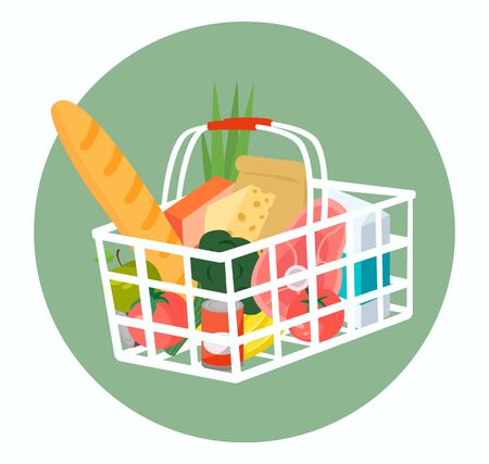 Shopping basket full of food and drinks. Vector illustration.のイラスト素材