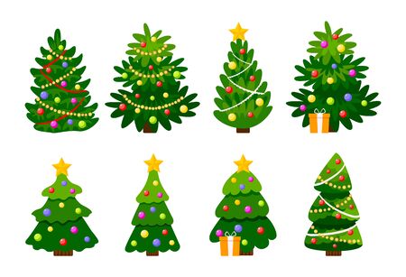 Different Christmas tree set, vector illustration. Can be used for greeting card, invitation, banner, web design. Christmas trees isolated on white background. Vectorのイラスト素材