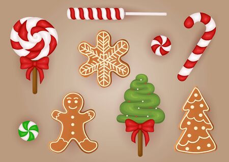 Set of realistic Christmas candy and cookies. Vector illustration icon isolated.のイラスト素材
