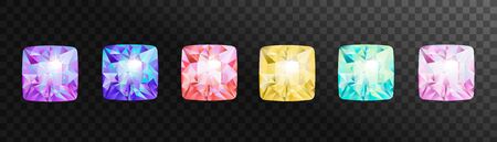 Set of vector realistic golden and silver white gems and jewels isolated on transparent background.  Gold shiny diamonds with different cuts.のイラスト素材