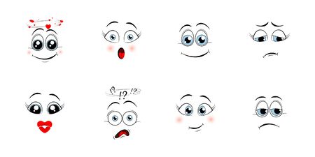 Cartoon eyes. Comic eye staring gaze watch, funny face parts facing smile cute, angry and joyful emotions. Vector illustrationのイラスト素材