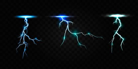 Set of lightnings. Thunder-storm and lightnings. Magic and bright lighting effects. Vector Illustrationのイラスト素材