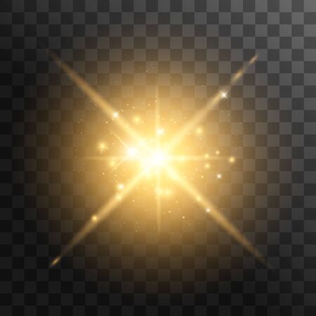 Yellow glowing light explodes on a transparent background. with ray. Transparent shining sun, bright flash. Vector illustrationのイラスト素材