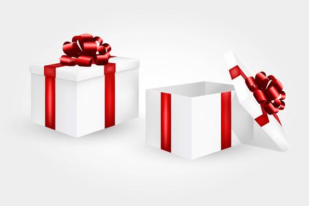 Gift box with red ribbon and bow. merry christmas and happy new year greeting card. のイラスト素材