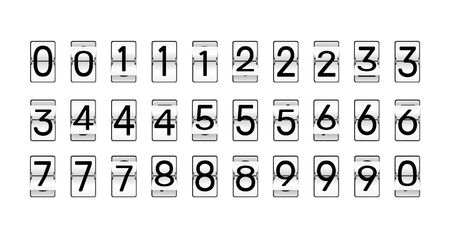 Flip clock numbers. Retro countdown animation, mechanical scoreboard number and numeric counter flips. Alarm timer, score day date counter or time display numbers vector symbols setのイラスト素材