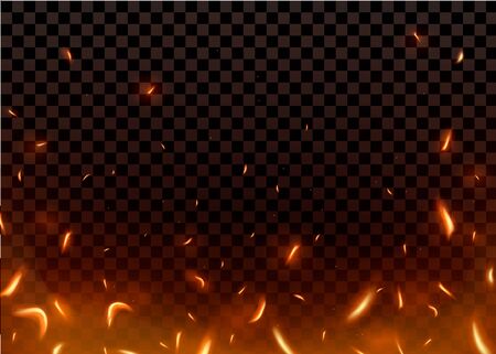 Close-up hot fiery sparkles and flame particles isolated on a black transparent background.のイラスト素材