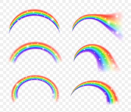 Colorful transparent rainbows vector set. Perspective diagonal view. Bright realistic arch rainbows. Fantasy symbol of good luck. Vector illustrationのイラスト素材