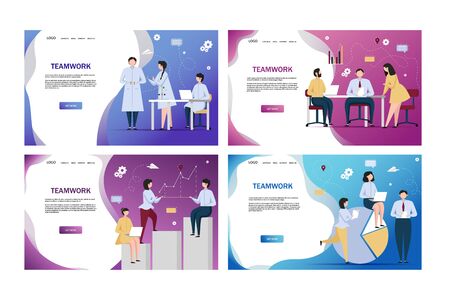 Set of teamwork web page banners design templates. Ð¡oncept of Team work, Online education, Training, Workshops and scenes at office in flat designのイラスト素材