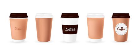Paper and plastic coffee cup on white background. Coffee cups with lids. Coffee Cup Mockup 3D.のイラスト素材