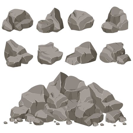 Set of stones of various shapes. Rocks and debris of the mountain. Huge block of stones.のイラスト素材