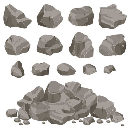 Set of stones of various shapes. Rocks and debris of the mountain. Huge block of stonesのイラスト素材