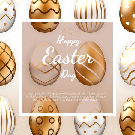 Easter card with square frame, realistic gold ornate eggs on colorful modern geometric background. Vector illustration. Place for your text.のイラスト素材