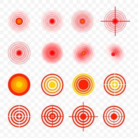 Body painful spot marks. Red rings of pain to indicate localization of pain in different parts of the human body such as the back, neck, head, back and others. Muscle pain, painful headaches or healtのイラスト素材