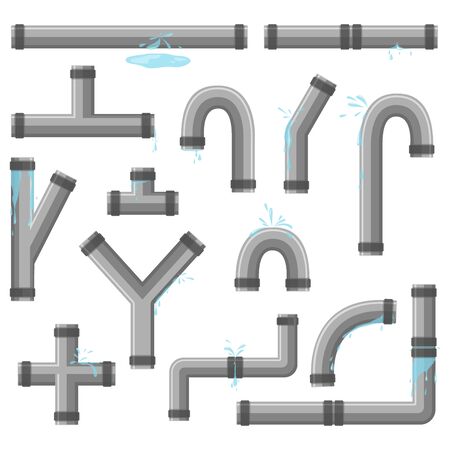 Pipe with leaking water. Broken pipes with leakage, plastic pipeline rupture. Collection of water tube, leakage, plastic pipeline, leaking valve, dripping drain. Industrial technology.のイラスト素材