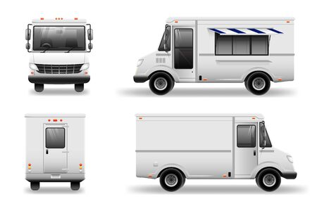 Old school Food Truck - Mockup set isolated. Realistic Food Truck vector template for car branding and advertising isolated on white.のイラスト素材