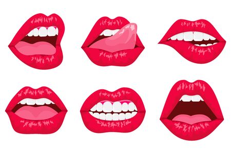 Sexy woman's flat lips expressing different emotions, such as smile, kiss, half-open mouth, biting lip, lip licking, tongue out. Red lips collection. のイラスト素材