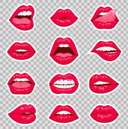 Red kissing and smiling cartoon lips isolated decorative icons for party presentation.  Sexy womans flat lips expressing different emotionsのイラスト素材