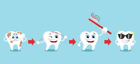 Smiling and upset animated cartoon teeth characters. Healthy white teeth and tooth with dental plaque socializing. Oral hygiene, teeth cleaning. Teeth poster.のイラスト素材
