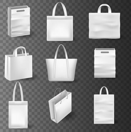 Realistic Shopping Bag Mockup set for branding and corporate identity design. Paper package and price tags template isolated on whiteのイラスト素材