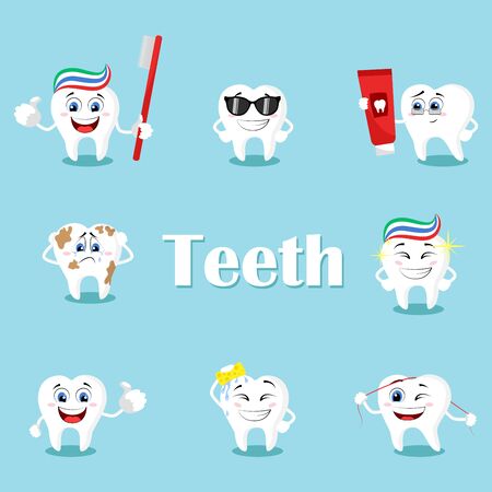 Smiling and upset animated cartoon teeth characters. Dental personage vector illustration. Dental concept for your design. Oral hygiene, teeth cleaning. Teeth poster.のイラスト素材