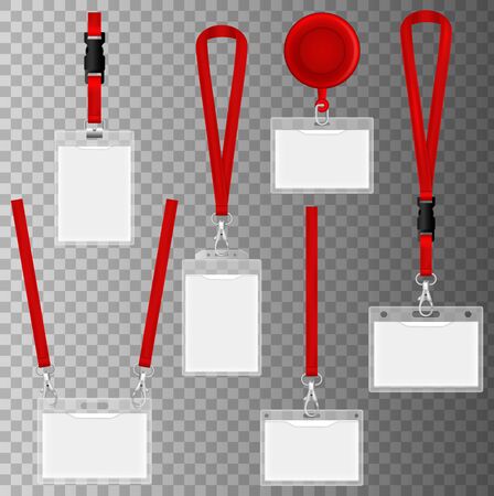 Id plastic cards. Realistic set plastic badges samples for presentation or conference visitors, press, media. Identification badge with lanyard vector setのイラスト素材