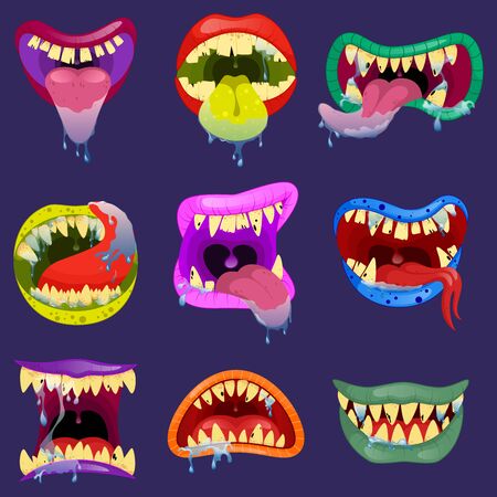Set mouths of monsters. Monster expression funny, tongue and monster mouths with teeth illustrationのイラスト素材