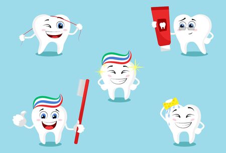 Teeth mega set. Big dental collection for your design. Cute tooth emoticons with different facial expressionsのイラスト素材