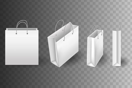 Set of white shopping bags isolated on transparent background. Close up shopping bag vector mockups. Empty handbag white paper fashion bagのイラスト素材