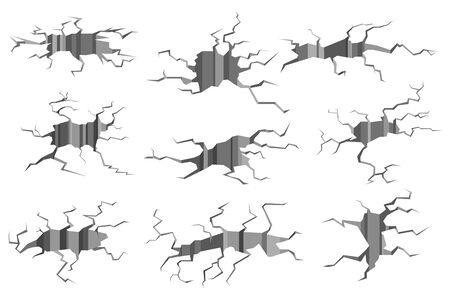 Earthquake crack. Ruined wall, hole in ground and destruction cracks. Cracked land, concrete surface with splits isolated 3d vector fractured earth or glass setのイラスト素材