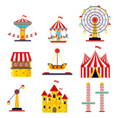 Amusement park, circus and fun fair theme set, with roller coasters, carousels, castle, air balloon. Colorful Ferris wheel, carousel, circusのイラスト素材