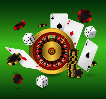 Casino poker design template. Falling poker cards and chips game concept. Casino roulette on green backroundのイラスト素材
