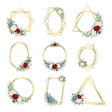 Gold Frames set. Botanical  Geometric crystal stone polyhedron. Floral art deco style for wedding invitation cardsのイラスト素材