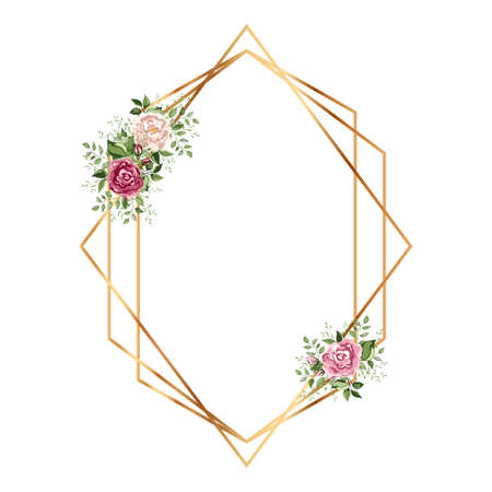 Geometrical polyhedron with flower. Floral botanical flower. Gold frameのイラスト素材